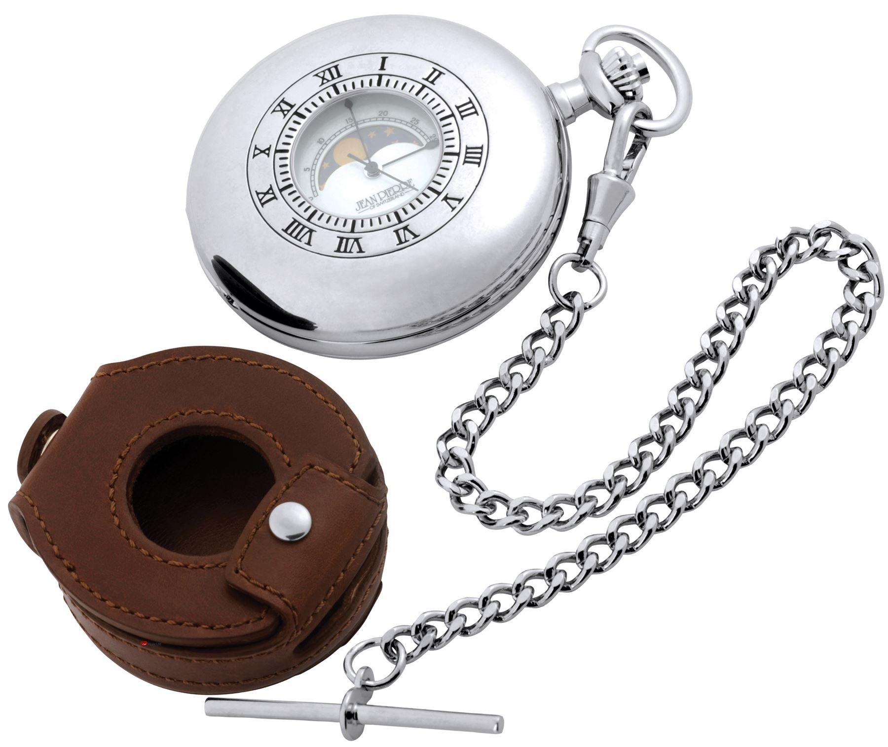 I Luv Ltd Moon Phase Pocket Watch Half Hunter Style Albert Chain Leather Case - Presentation Box