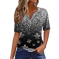 Going Out Tops for Women V Neck Button Down Plus Sized Henley Blouse Casual Short Sleeve Holiday T Shirts