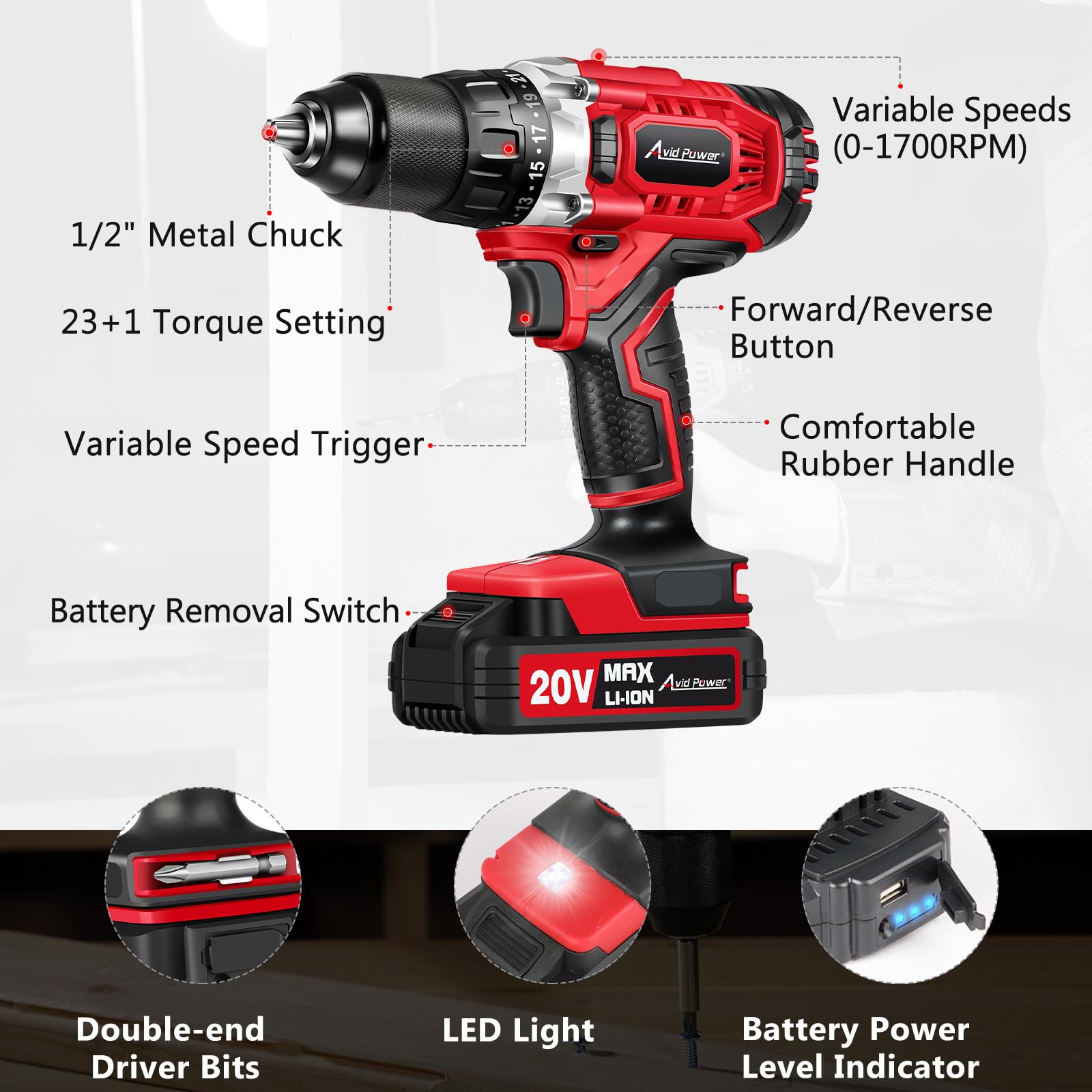 AVID POWER Drill Set Cordless 20V Electric Drill with Battery and Fast Charger, Variable Speed, 23+1 Torque Setting, 23pcs Accessories Drill Kit, Hand Drill with 1/2-Inch Metal Keyless Chuck