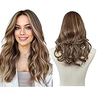SARLA U Part Hair Extensions Clip in Wavy Full Head Synthetic Hairpiece Highlights 20 Inch for Women Brunette/Ash Blonde
