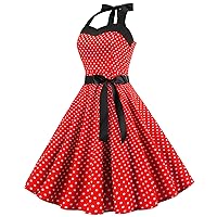 Vintage Women 1950s Rockabilly Swing Dress Polka Dots 50s Smocked Back Hepburn Style Halterneck Belted A-Line Dress