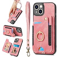 JanCalm for iPhone 14 Case,Phone Case for iPhone 13,Card Holder Wallet,Ring Holder Stand,RFID-Blocking,Wrist Strap,Camera Protector,Leather Protective Magnetic Flip Cover for iPhone 13/14 (Pink)