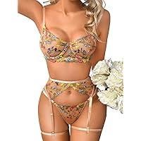 Vibrant Floral Embroidery, Underwire, Thong, Thigh Straps, Lingerie Set