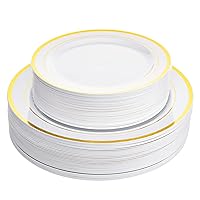 Aya's Cutlery Kingdom 60 Plastic Plates Disposable with White & Gold Rim - 30 Plastic Dinner Plates 10.25