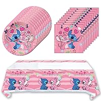 Pink Lilo and For Stitch Birthday Tableware 20 Plates and 20 Napkins 1pcs Tablecover , Pink Stitch Girl Party Decorate Supplies