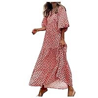 Women's Summer Dress Elegant Bubble Sleeve V Neck Tiered Maxi Dresses Trendy Floral Printed Flowy Swing Party Dress