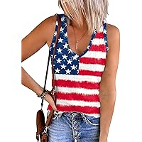 For G and PL 4th of July Women's American Flag Patriotic V Neck Sleeveless Button Tank Top Shirt