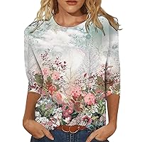 Work Cool Pullover for Women 3/4 Sleeve Summer Floral Tshirts Lady Round Neck Relaxed