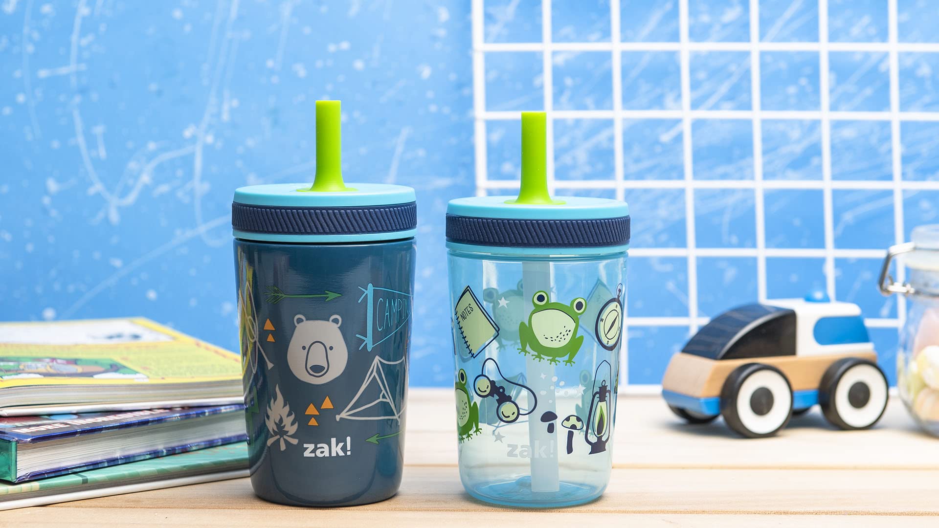 Zak Designs Campout and Camping Kelso Tumbler Set, Leak-Proof Screw-On Lid with Straw, Bundle for Kids Includes Plastic and Stainless Steel Cups with Bonus Sipper, 3pc Set, Non-BPA,15 fl oz