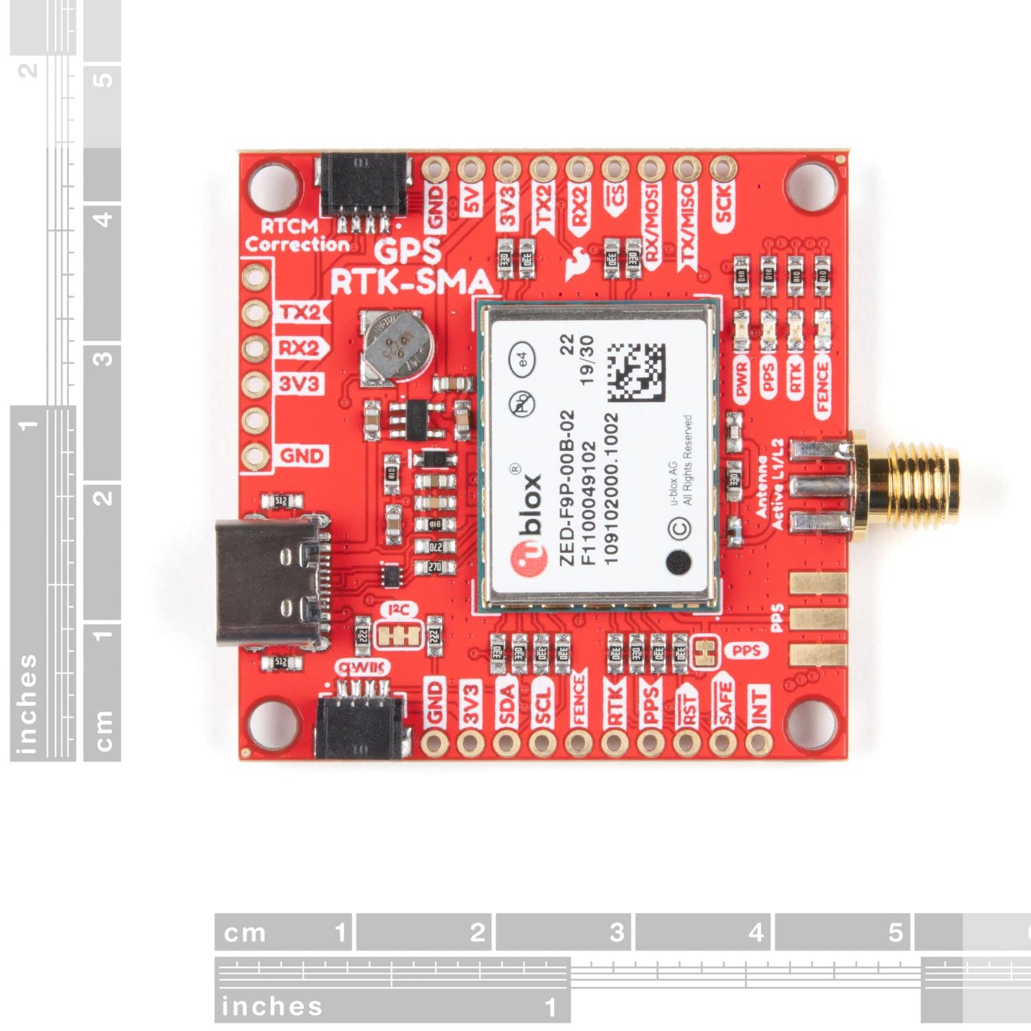 SparkFun GPS-RTK-SMA Breakout-ZED-F9P (Qwiic)-Concurrent reception of GPS GLONASS Galileo BeiDou High precision GPS 10mm 3 dimensional accuracy Receives L1C/A & L2C bands Voltage:5V or 3.3V Logic:3.3V