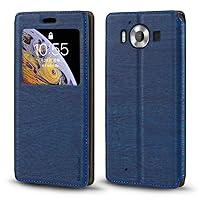 Microsoft Lumia 950 Case, Wood Grain Leather Case with Card Holder and Window, Magnetic Flip Cover for Microsoft Lumia 950 Blue