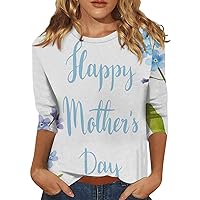 Mother's Day Women's Casual 3/4 Sleeve T-Shirts Round Neck Cute Tunic Tops Basic Tees Blouses Loose Fit Pullover