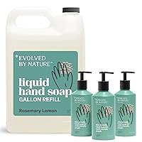 Evolved By Nature Liquid Hand Soap, 12 Oz - 3 Pack + Gallon Refill, Rosemary Lemon, Biodegradable Formula, Reusable Aluminum Dispenser