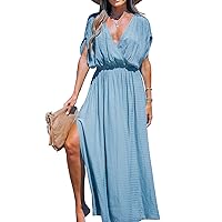 CUPSHE Women Loose Fit Cover Ups Wrap V-Neck Ruched Maxi Dress Summer Short Sleeve Side Slit Beach Cover-up Dresses
