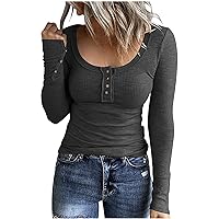 Button Long Sleeve Shirts for Women Solid Color Long Sleeves Pullover Tops Round Neck Slim Fit Tunic Clothes Fall