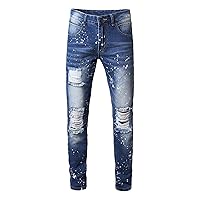 Andongnywell Men's Casual Ripped Denim Pants Skinny Destroyed Jeans Loose Straight Distressed Trousers