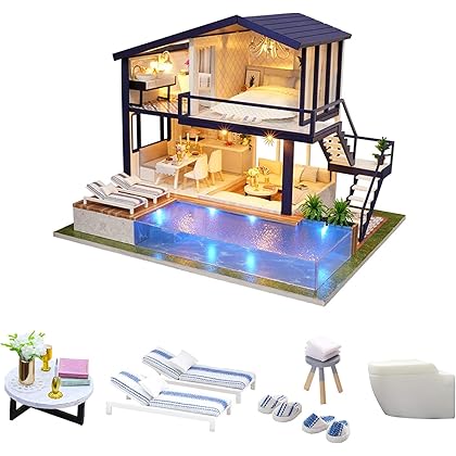 CUTEROOM Dollhouse Miniature with Furniture, 3D Wooden Miniature Doll House with Music Box & LED Lights,1:24 Scale DIY House Kit (A066)