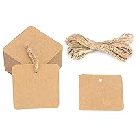 G2PLUS Kraft Paper Gift Tags with String,100PCS Square Hang Tags-2.2''Blank Present Tags with 66 Feet Natural Jute Twine for Gift Wrapping, Arts and Crafts, Wedding,Thanksgiving,Christmas Day (Brown)