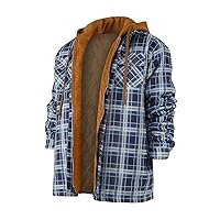 Men's Hooded Quilted Lined Flannel Shirt Jacket Long Sleeve Plaid Full Zip Jackets Winter Thick Warm Coat