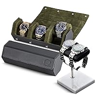 Genuine Leather Watch Case (Grey/Green) and Watch Stand (White/Silver/Black)