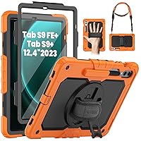 SEYMAC Case for Samsung Galaxy Tab S9 FE+ Plus 5G/ Tab S9+ Plus Case 12.4 Inch 2023, Heavy Duty Shockproof Protective Case with Screen Protector, Stand, Hand/Shoulder Strap and Pen Holder, Orange