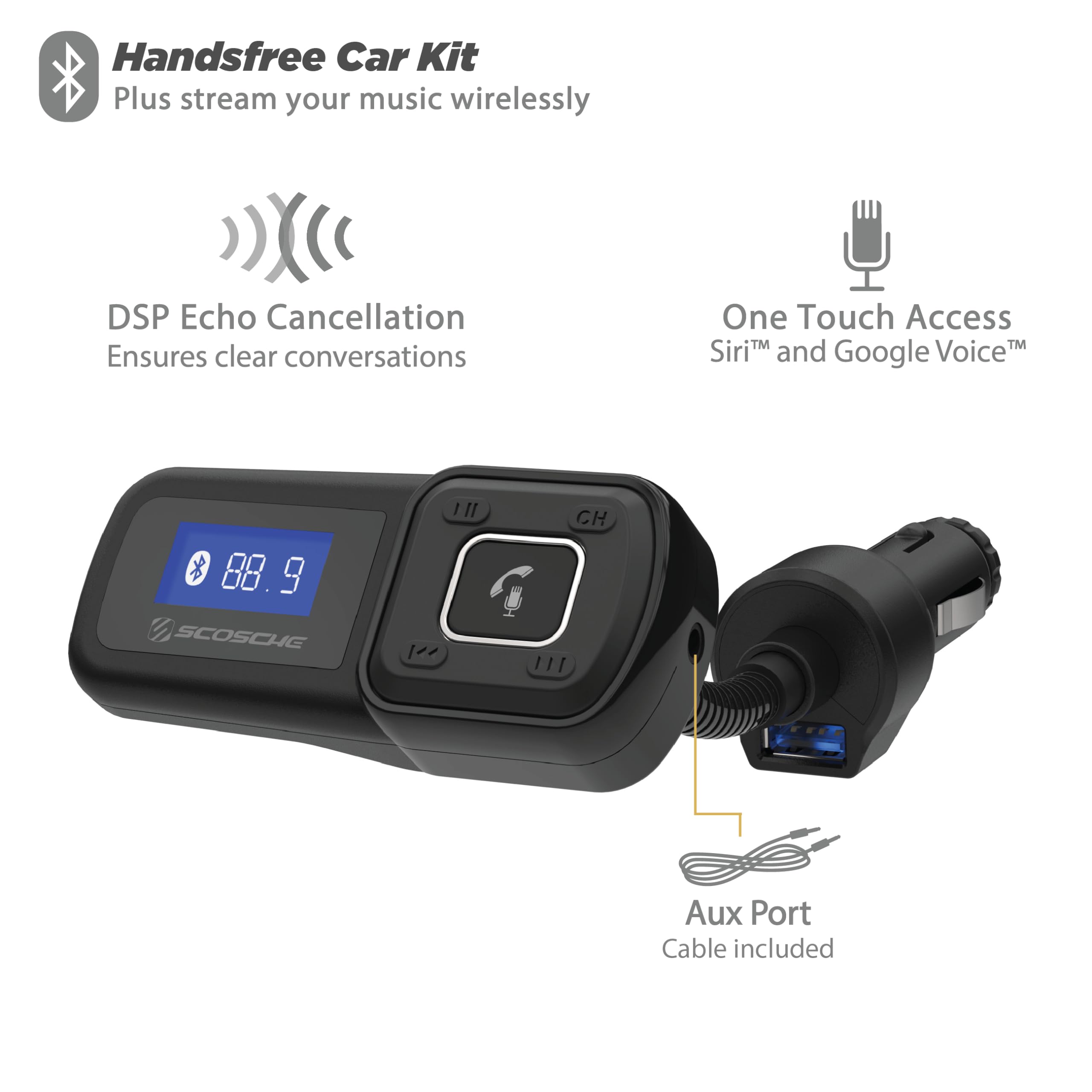 Scosche BTFM2A BTFREQ Universal Bluetooth Hands-Free Car Kit with Digital FM Transmitter and 10-Watt USB Car Charger, Stream Smartphone Audio