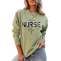 Nurse Life Sweatshirt for Women, Heart Graphic Registered Nurse Vintage Crewneck Long Sleeve Tops