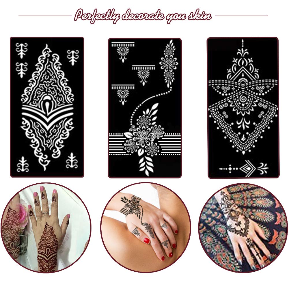 Koogel 18 Sheets Henna Tattoo Stencil Kit, 97 PCS Temporary Glitter Airbrush Flower Tattoo Stencils for Women and Girls Arabian Realistic Tattoo Stickers for Face Paint Body Art