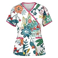 Working Uniform T-Shirts Floral Printed Turtle Neck Short Sleeve Shirt Classic Short Sleeve Tee Shirts for Women