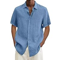 Mens Cotton Linen Dress Shirts Casual Stylish Short Sleeve Button Down Spread Collar Beach Shirt Vacation Island Shirt