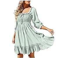 Women's Square Neck 3/4 Puff Sleeve Chiffon Dress Smocked Summer Loose Mini Dress Ruffles Flowy Swing Beach Dress