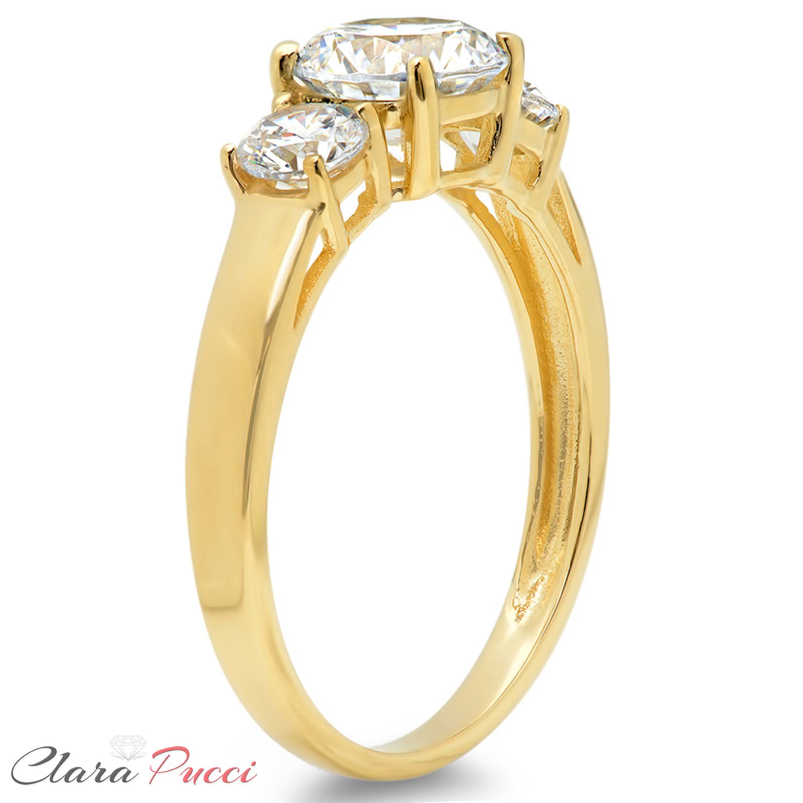 Clara Pucci 1.44ct Brilliant Round Cut Solitaire three stone Genuine Moissanite Ideal VVS1 D & Simulated Diamond Engagement Promise Statement Anniversary Bridal Wedding Ring Solid 14k Yellow Gold
