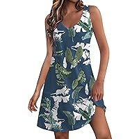 Women's Casual Sundress with Pocket Summer Boho Hawaiian Floral V Neck Loose Mini Tank Dresses