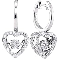 10kt White Gold Womens Round Diamond Heart Moving Twinkle Dangle Earrings 1/4 Cttw