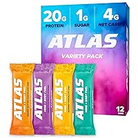Atlas Protein Bar, 20g Protein, 1g Sugar, Clean Ingredients, Gluten Free (Chocolate Variety, 12 Count (Pack of 3))