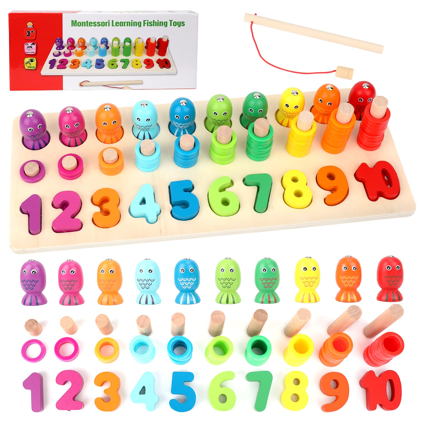 Sendida Montessori Toys Number Puzzle - Wood Math Shape Puzzle Fishing Game Color Sorting Preschool Stacking Blocks for Toddler Puzzles Toys Learning Math Number Toy for 2 3 4 5 Years Old