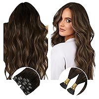 Sunny Clip in Hair Extensions Balayage Dark Brown with Medium Brown Bundle I Tips Brown Balayage 2 Packs 18Inch