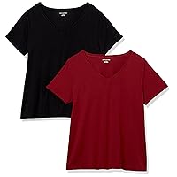 Amazon Essentials Women's Classic-Fit Short-Sleeve V-Neck T-Shirt, Pack of 2, Black/Burgundy, 4X