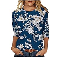 2024 Summer Tops for Women 3/4 Sleeve T Shirt Round Neck Floral Print T-Shirt Slim Tops Casual Work Cute Blouses Tees