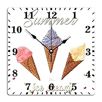 Battery Operated Wood Clock Silent Non Ticking Quartz Square Time Clocks 12 Inch Kitchen Wall Clock Food Delicious Ice Cream with Fruit Colorful Summer Wall Clocks for Kitchen Living Room Office