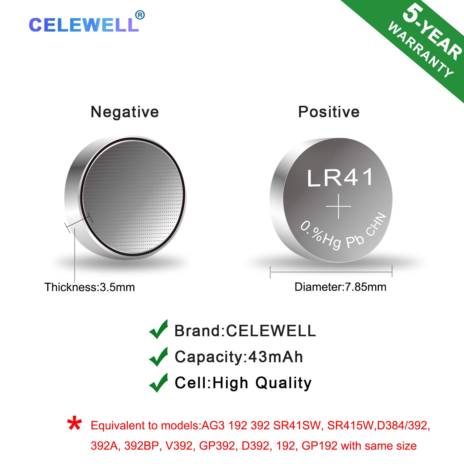 【5 Year Warranty】 CELEWELL 20pcs LR41 Battery for Digital Thermometer AG3 L736 GP192 392 Button Cell Batteries 43mAh
