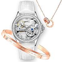 OLEVS Women's Watch Automatic Mechanical Diamond Skeleton Silver Luxury Dress Waterproof Luminous Watches for Women Gift Box Set