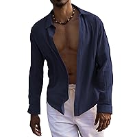 URRU Men's Casual Cotton Linen Shirt Long Sleeve Button Down Shirt for Men Summer Beach Hawaiian Shirt (Navy Blue, Small)