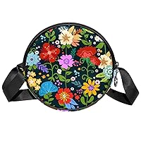 Bright Flowers Crossbody Bag for Women Teen Girls Round Canvas Shoulder Bag Purse Tote Handbag Bag