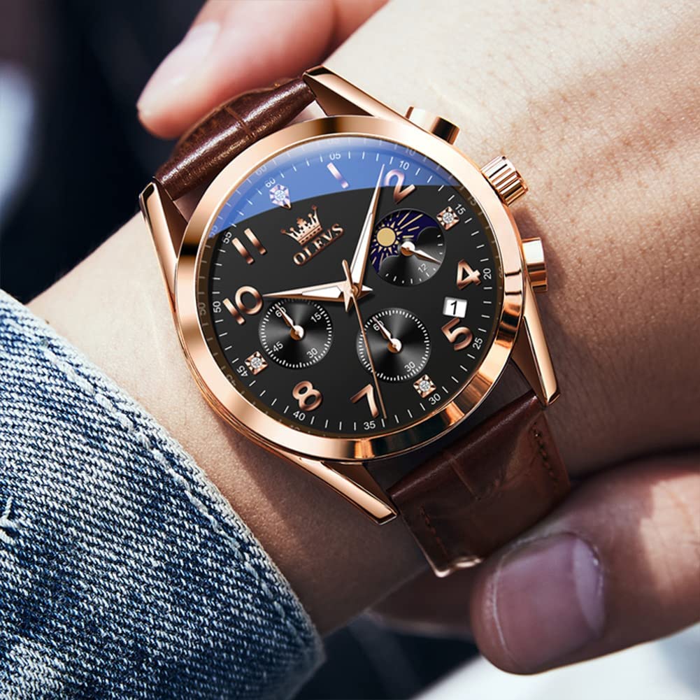 OLEVS Mens Watches Brown Leather Rose Gold Chronograph Casual Wrist Watches