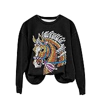 Women Long Sleeve Casual Shirts Vintage Horse Print Crew Neck Sweatshirt Equestrian Funny Pullovers Horse Lover Gifts