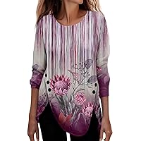 Women's Holiday Tops 2023 Long Sleeve Loose Casual Floral Print Button T-Shirt Top Dressy, One Size