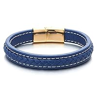 COOLSTEELANDBEYOND Men Women Blue Braided Leather Bangle Bracelet with White Stitches and Gold Steel Magnetic Clasp