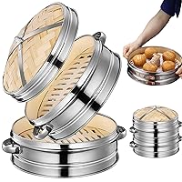Bamboo Steamer, 2 Tiers 20cm Dumpling Steamer Basket with Lid & Handle, Reusable Chinese Bamboo Steamer Basket for Cooking Dim Sum, Buns, Dumplings