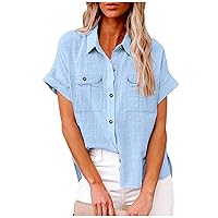 Off The Shoulder Tops for Women,Linen Shirts for Women Short Sleeve Button Down V Neck Collared Blouse Summer Dressy Solid Color Tops Short Sleeved Blouse